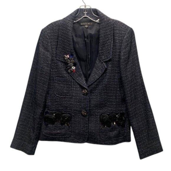 Lafayette 148 New York Tweed Blazer Womens Size 8 Navy Beaded Snap Button Jacket - Picture 1 of 16